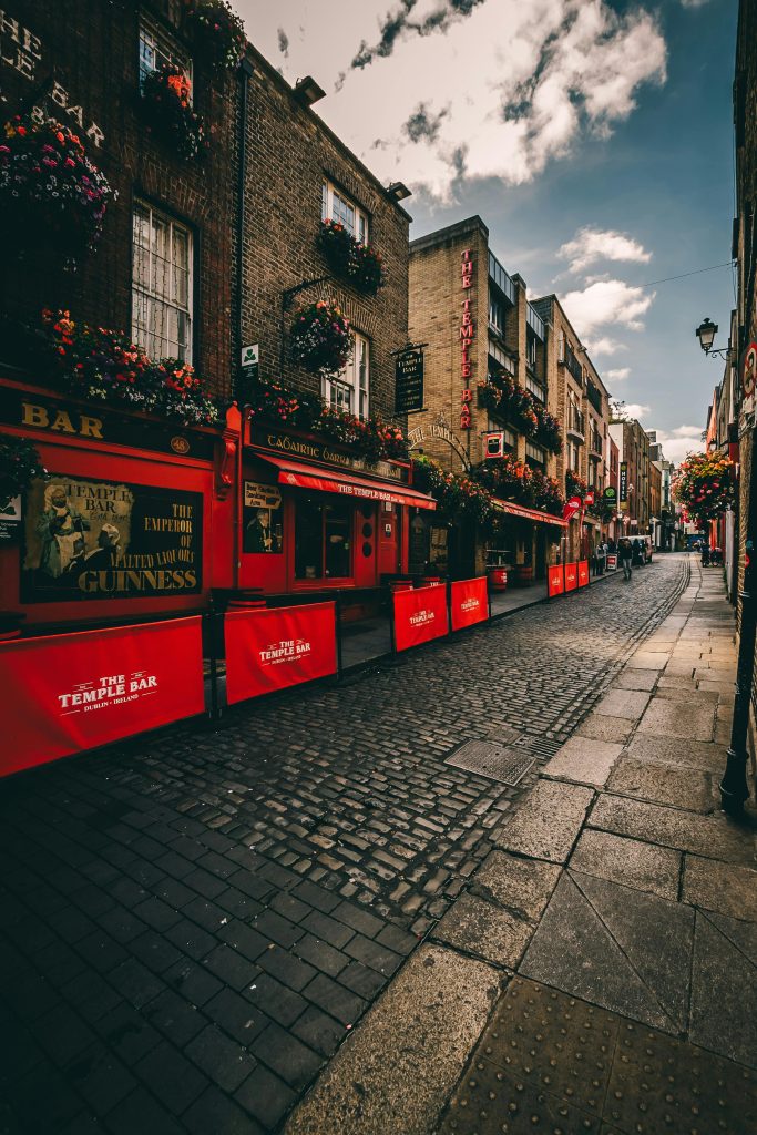 A picturesque cobblestone street with vibrant pubs in Temple Bar, Dublin.